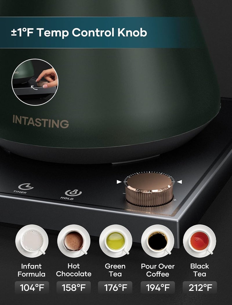 intasting Electric Kettles, Gooseneck Electric Kettle, ±1℉ Temperature Control, Stainless Steel Inner, Quick Heating, for Pour Over Coffee, Brew Tea, Boil Hot Water, 0.9L Hunter Green - Image 2